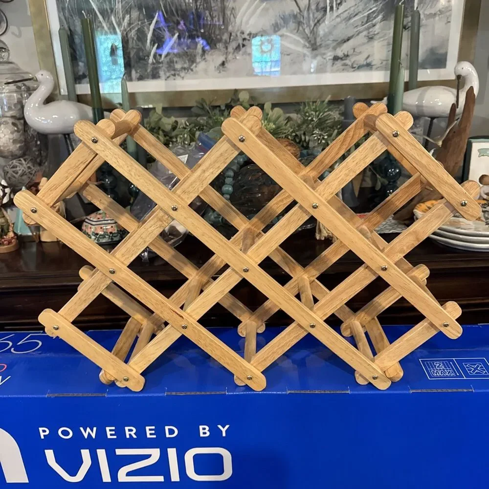 EUC Wine Rack Beachy Lt Wood 10 Bottle MCM Fold Up Shelf Accordian Rack Vtg Boho